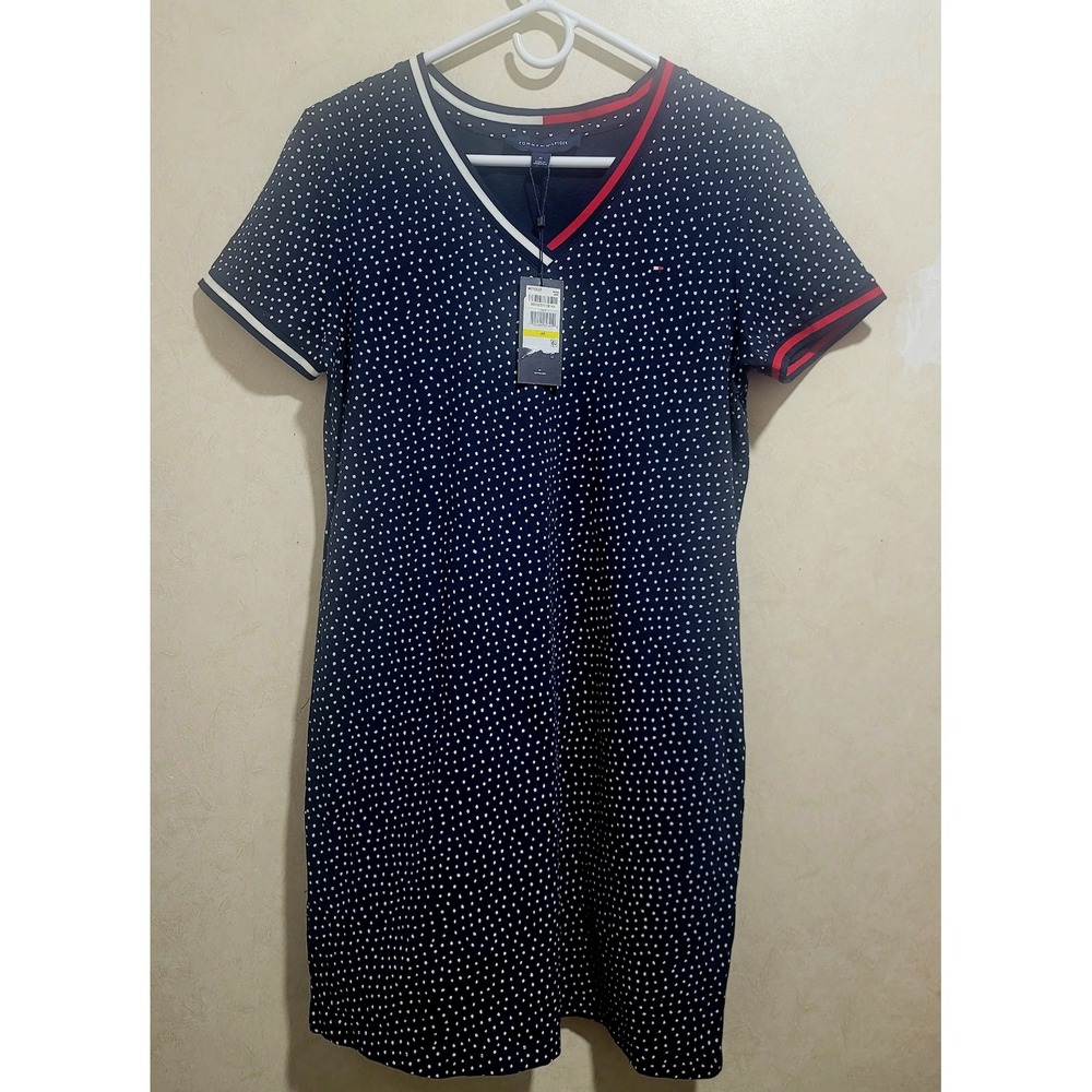 Tommy Hilfiger Womens Polka Dot V-neck T-shirt Dress Size M Navy Blue